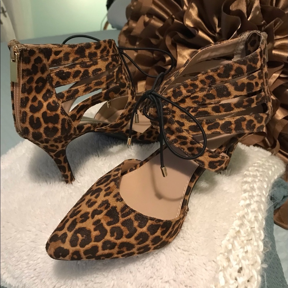 DressBarn Leopard Print Ankle Strap Zipper Heel